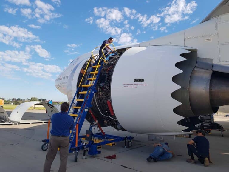 engine-access-stand-in-use-under-engine-cowling-aircraft-maintenance-scaled